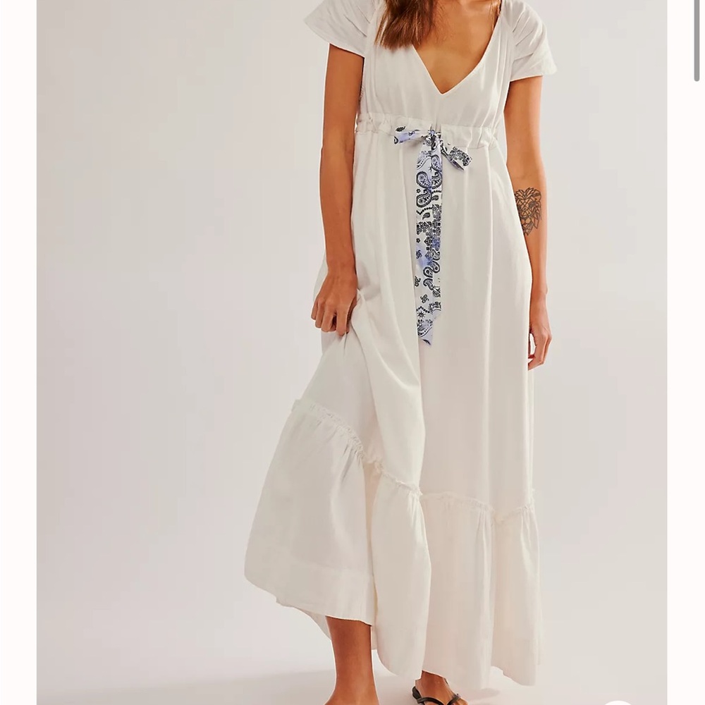 White Maxi Dress with Blue Accents